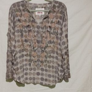 Johnny Was Cream Tan Graphic Long Sleeve Blouse